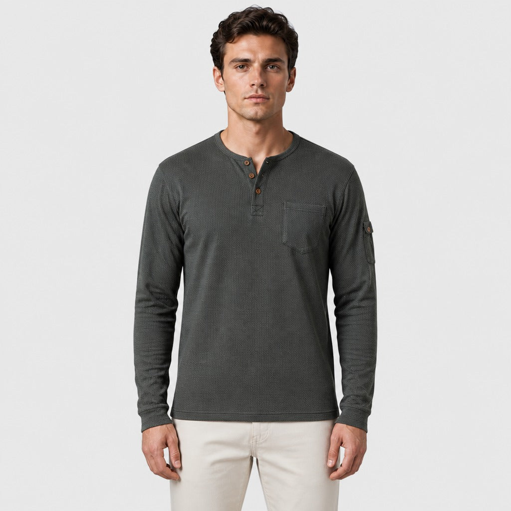 Men’s Long Sleeve Henley with Chest Pocket Grey