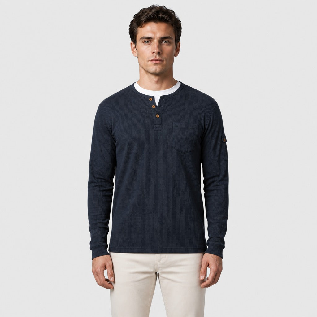 Men’s Long Sleeve Henley with Chest Pocket Navy Blue