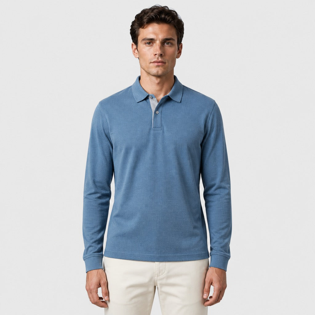 Men’s Long Sleeve Knit Polo Shirt Blue front