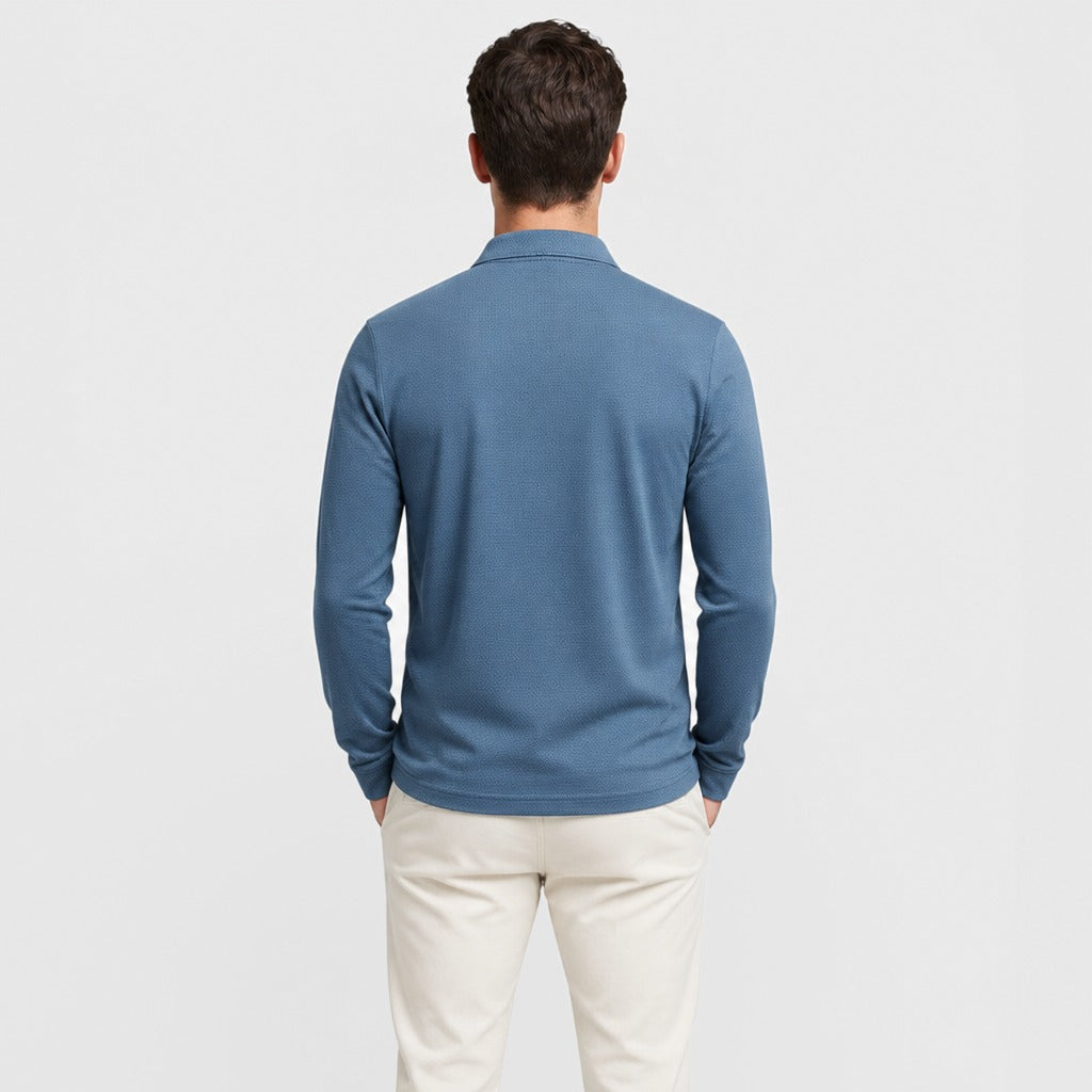 Men’s Long Sleeve Knit Polo Shirt Blue back