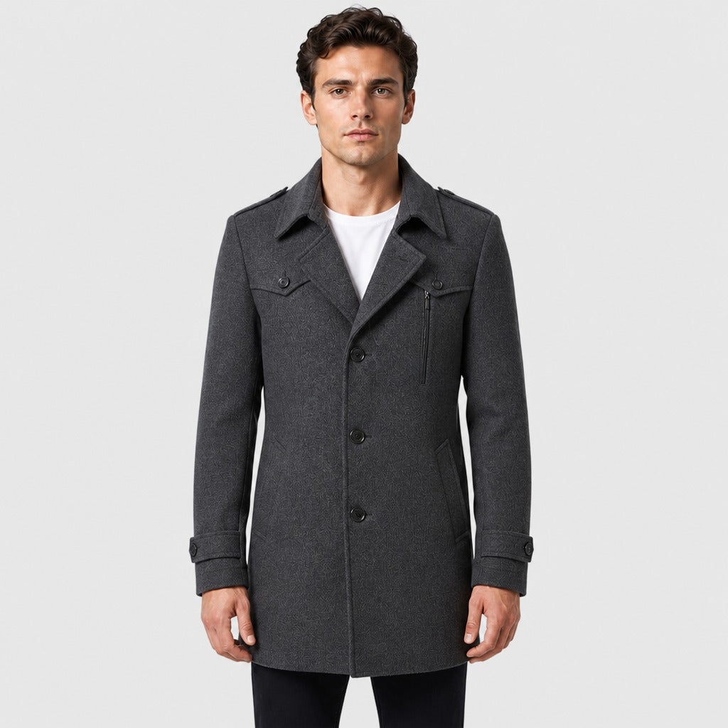 Men’s Longline Button Coat with Wool Lining Grey front
