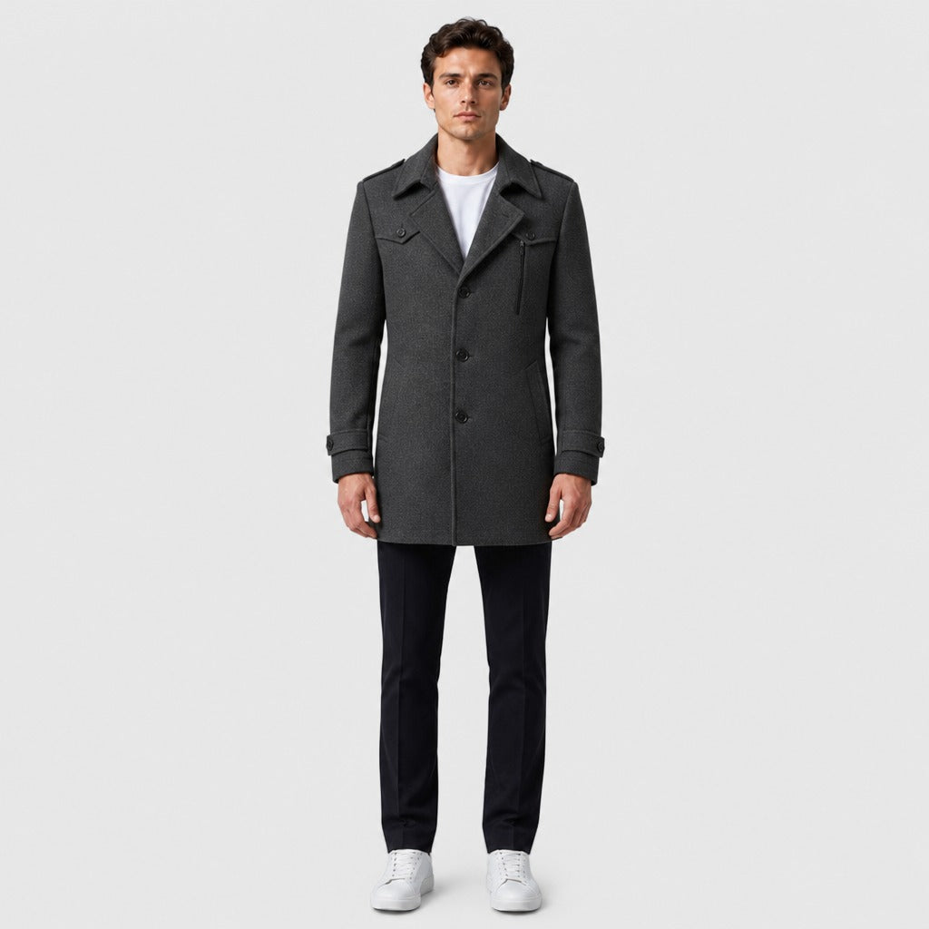 Men’s Longline Button Coat with Wool Lining Grey full length