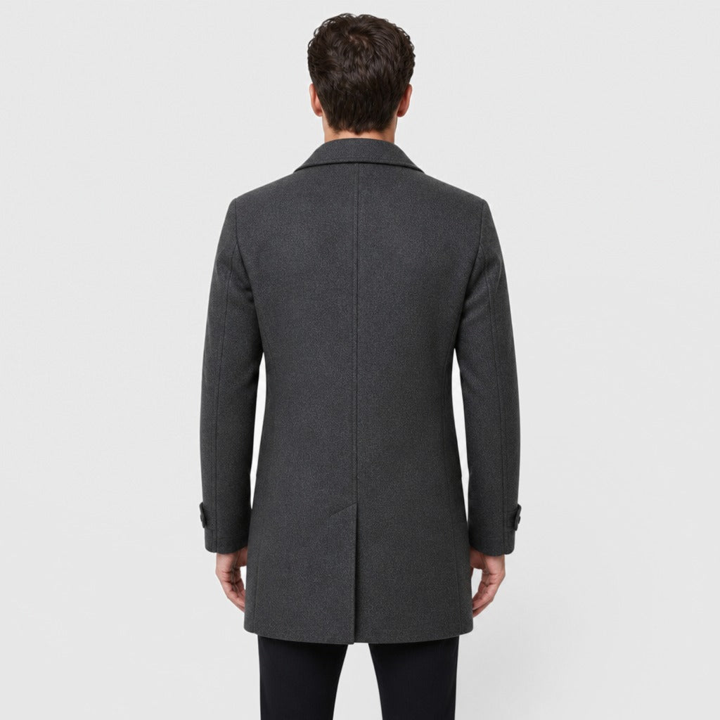 Men’s Longline Button Coat with Wool Lining Grey back