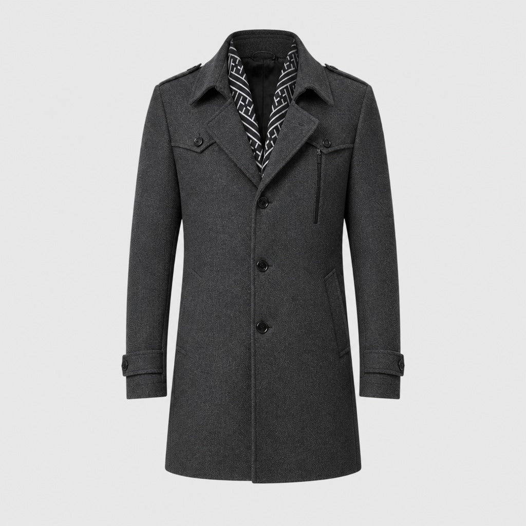 Men’s Longline Button Coat with Wool Lining Grey product front