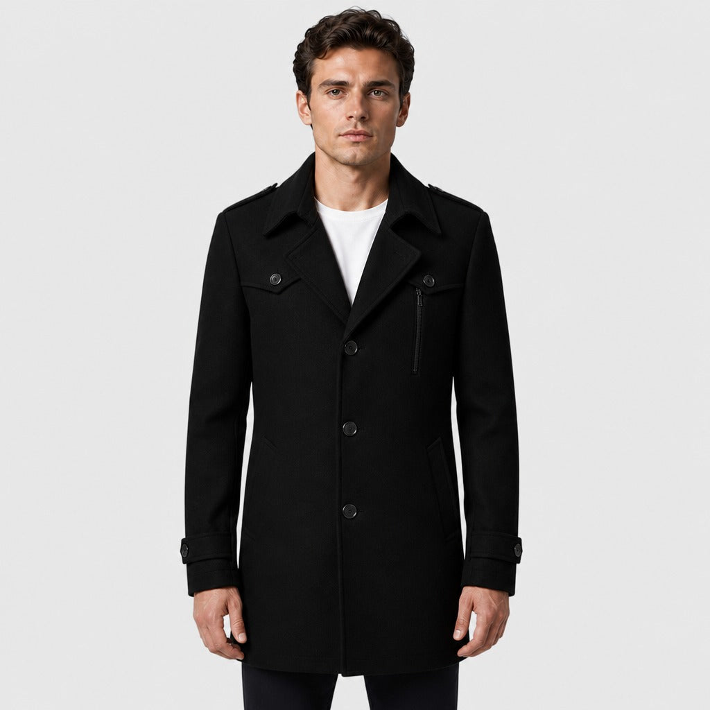 Men’s Longline Button Coat with Wool Lining Black