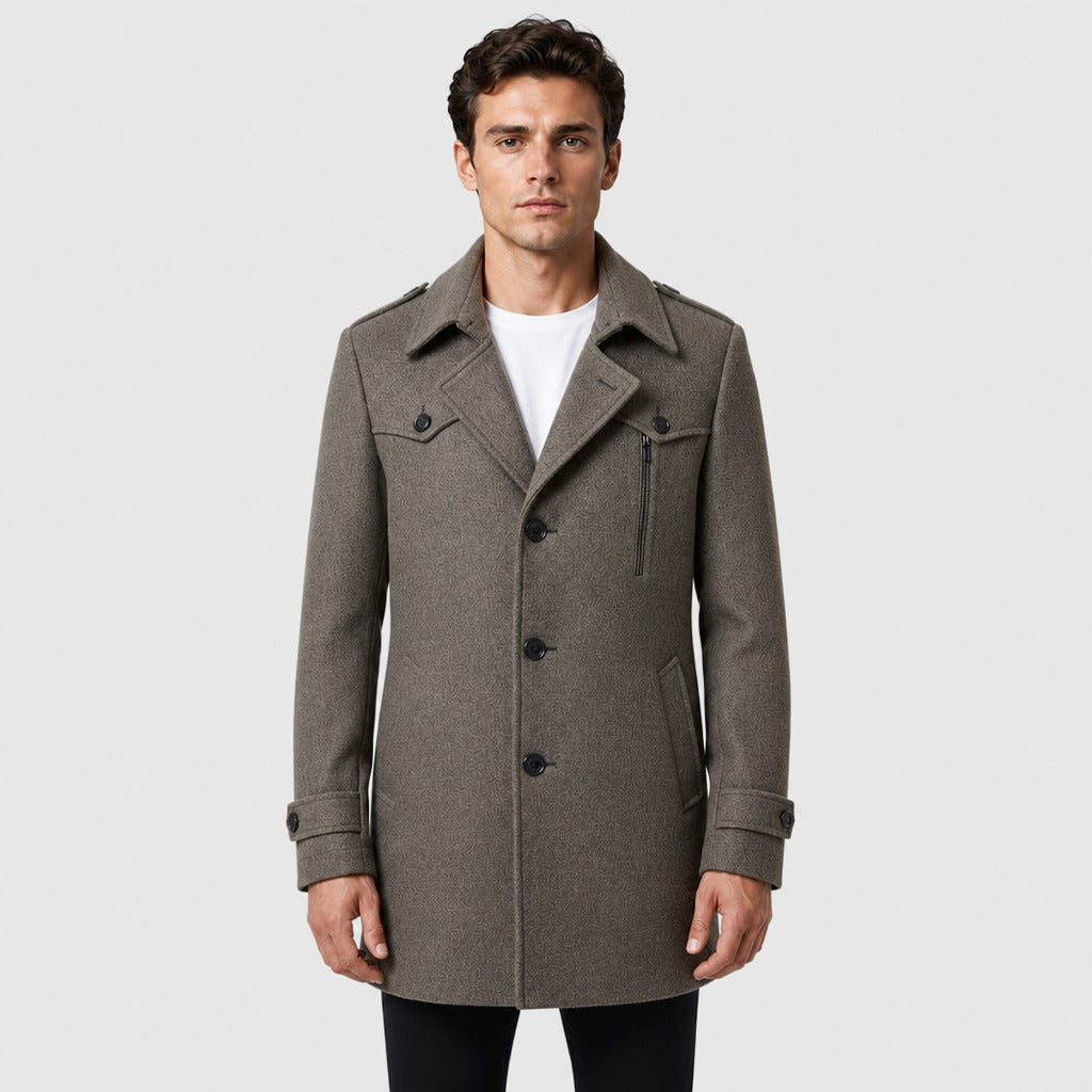 Men’s Longline Button Coat with Wool Lining Grey/Brown