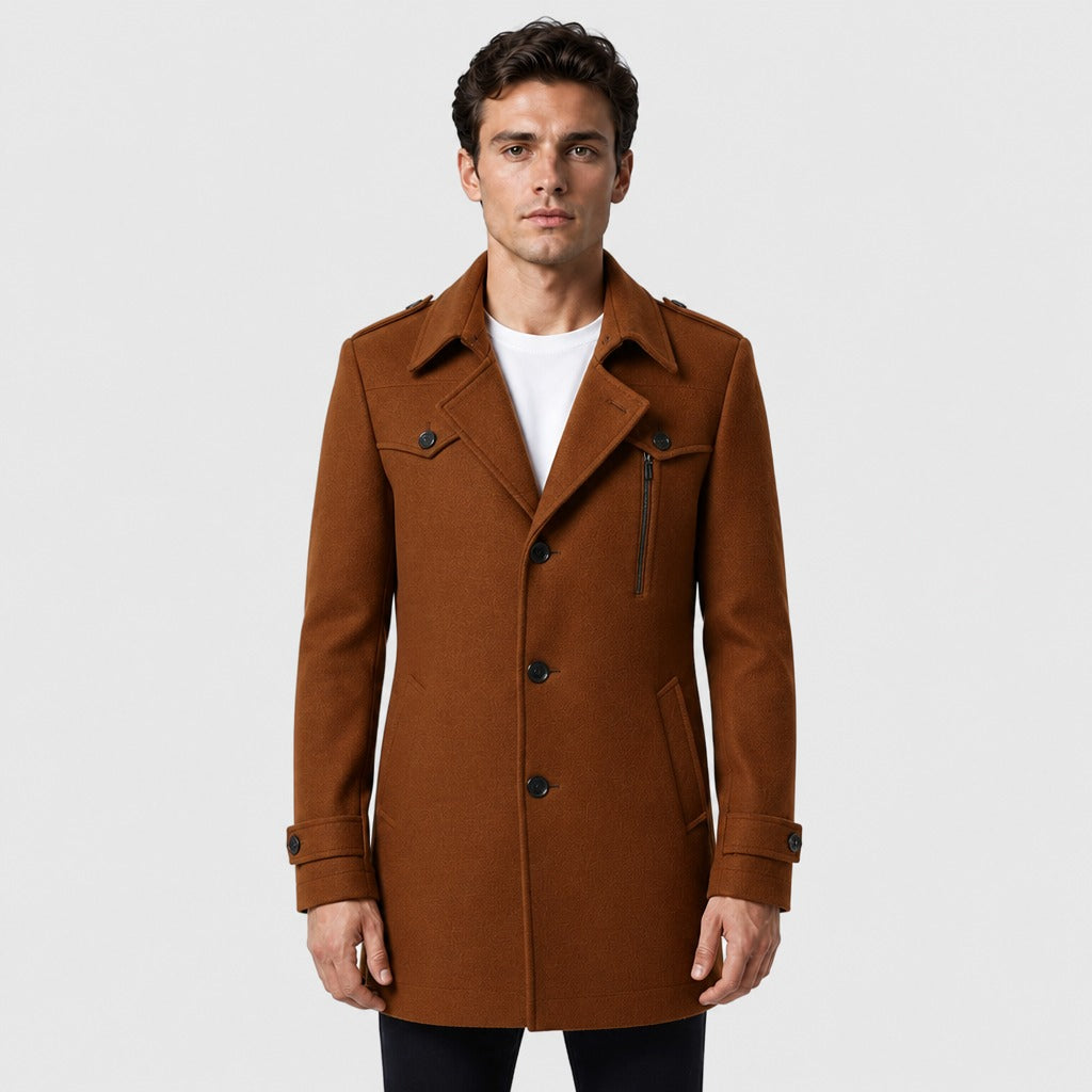 Men’s Longline Button Coat with Wool Lining Brown