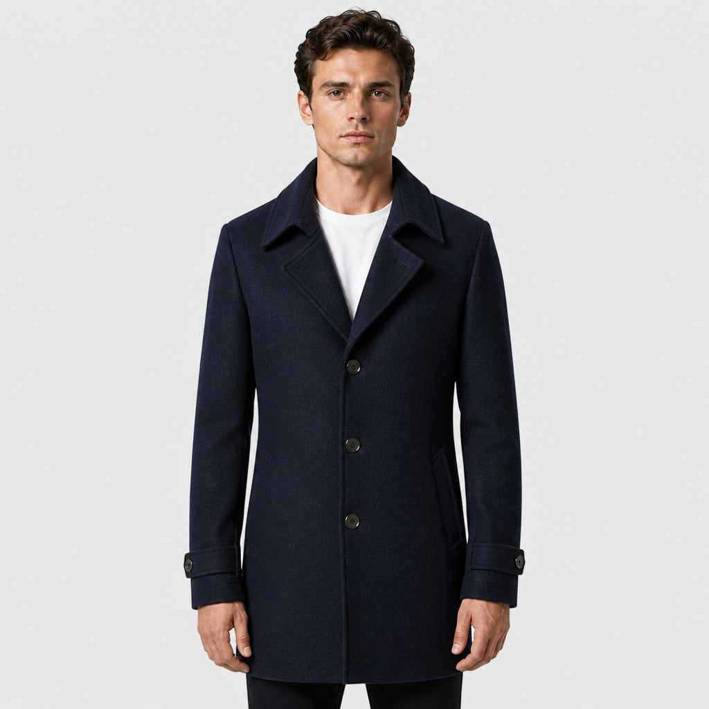 Men’s Longline Button Coat with Wool Lining Navy Blue