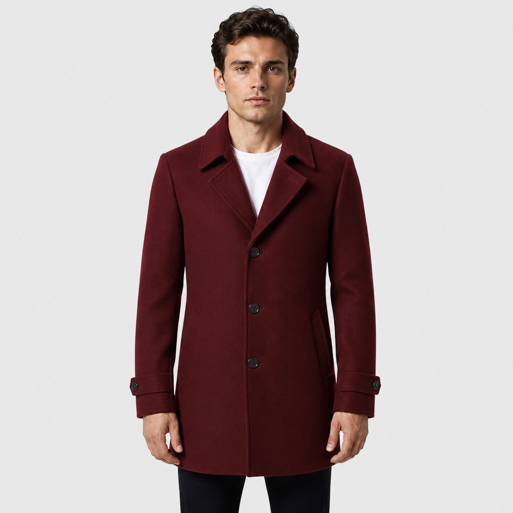 Men’s Longline Button Coat with Wool Lining Red