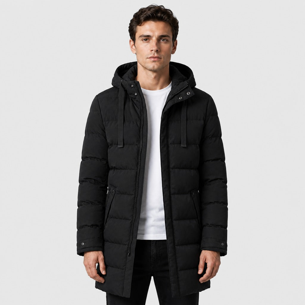 Men’s Longline Hooded Puffer Coat Black front
