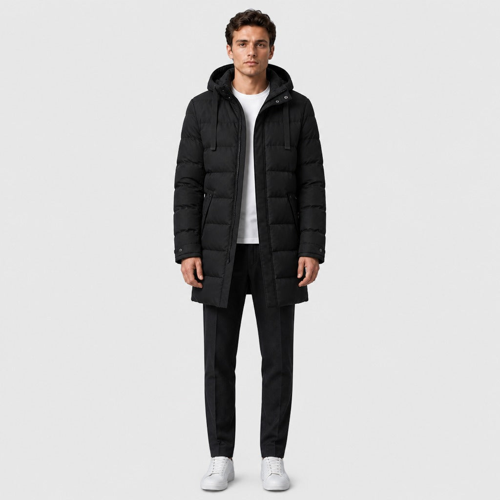 Men’s Longline Hooded Puffer Coat Black full length