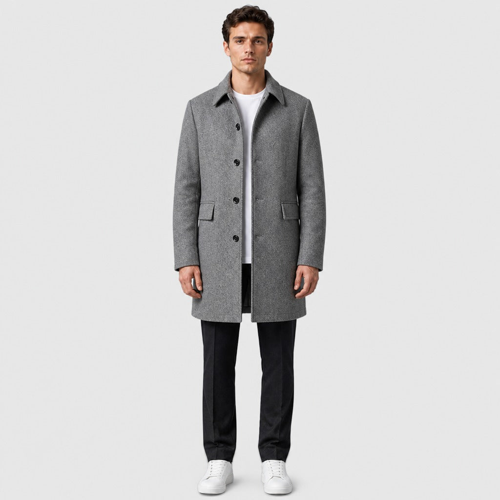 Men’s Longline Wool Turn Down Collar Coat Gray full length