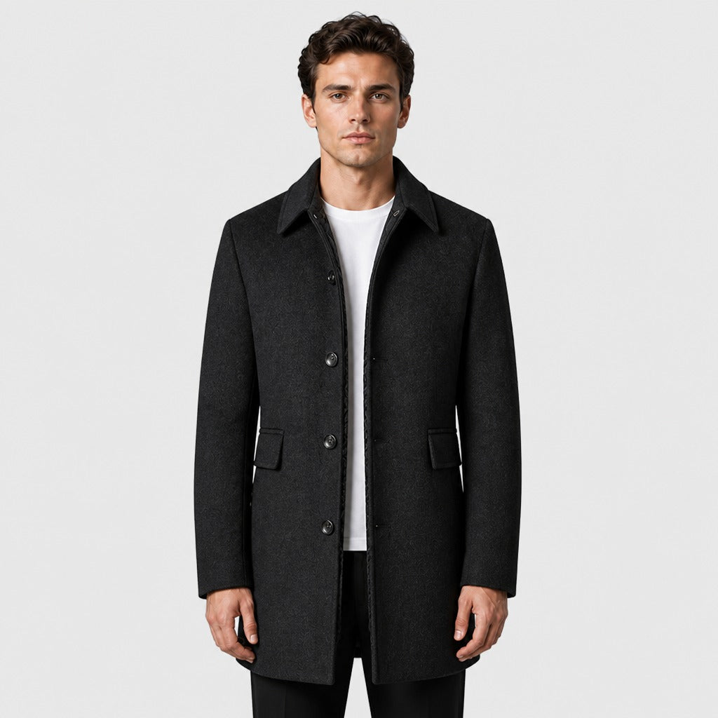 Men’s Longline Wool Turn Down Collar Coat Black