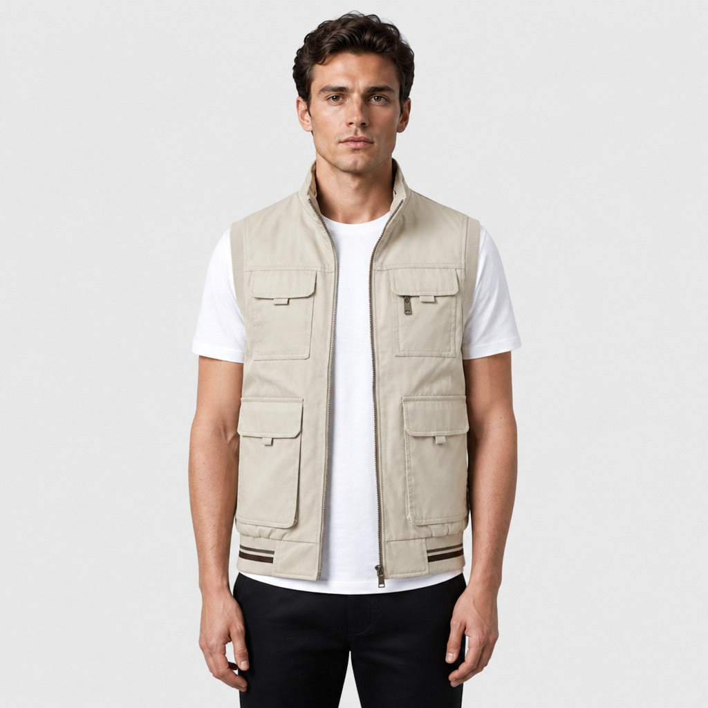 Men’s Loose Fit Cotton Zip-Up Gilet Green Beige front