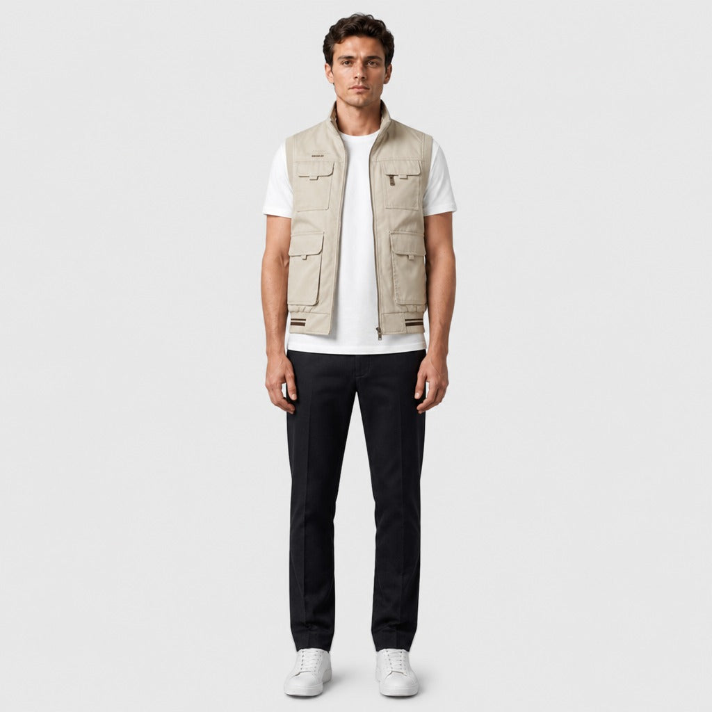 Men’s Loose Fit Cotton Zip-Up Gilet Green Beige full length