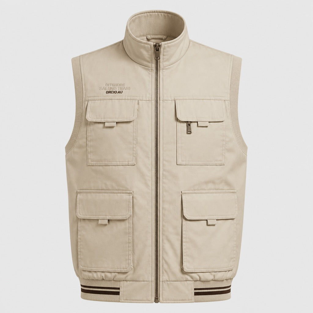 Men’s Loose Fit Cotton Zip-Up Gilet Green Beige product front