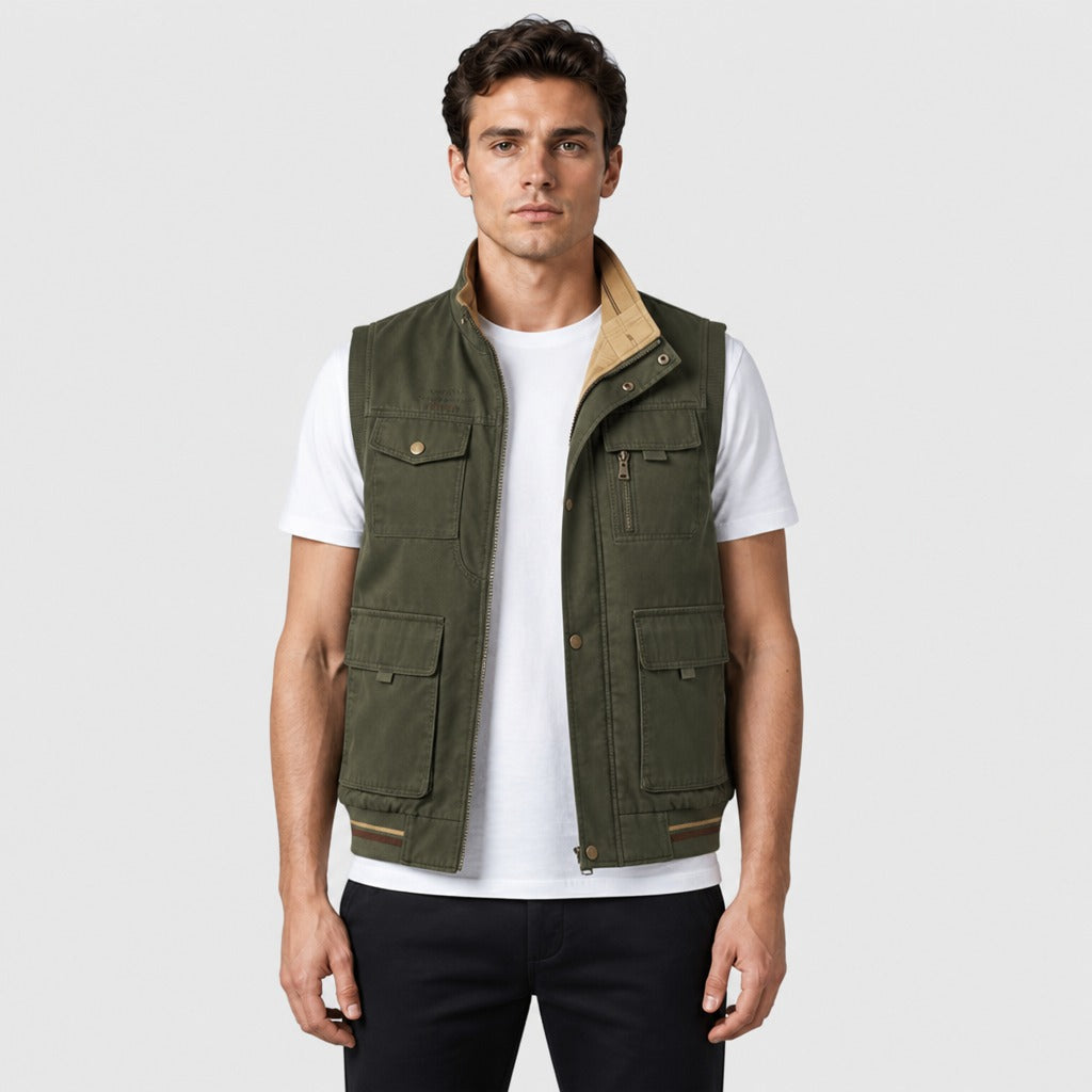 Men’s Loose Fit Cotton Zip-Up Gilet Khaki Green
