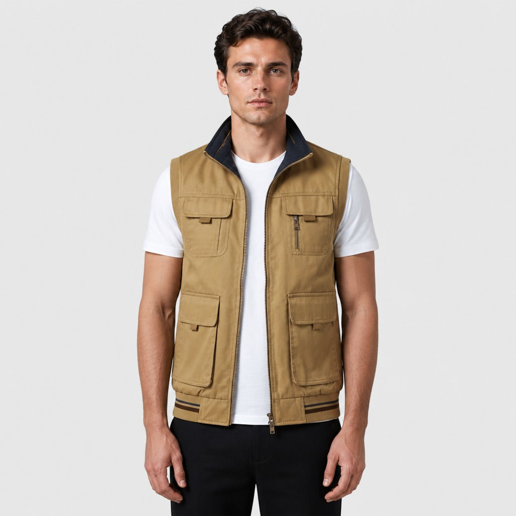 Men’s Loose Fit Cotton Zip-Up Gilet Blue Khaki