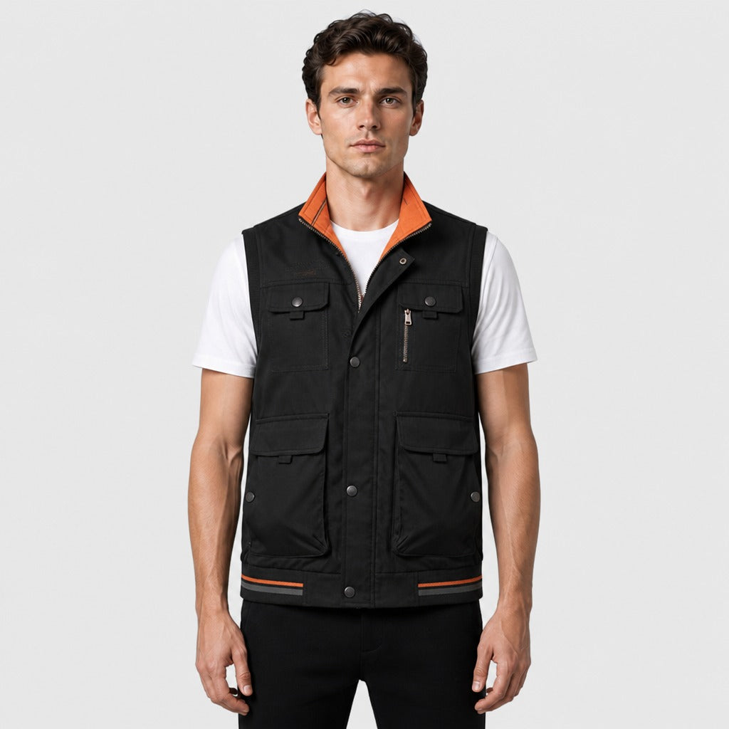 Men’s Loose Fit Cotton Zip-Up Gilet Black/Orange
