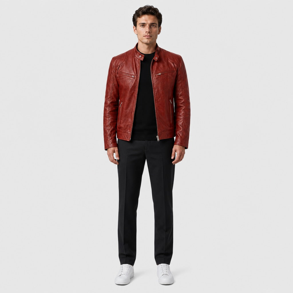 Men’s Loose Fit Leather and Suede Jacket Red full length
