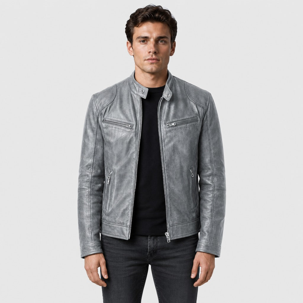 Men’s Loose Fit Leather and Suede Jacket Grey