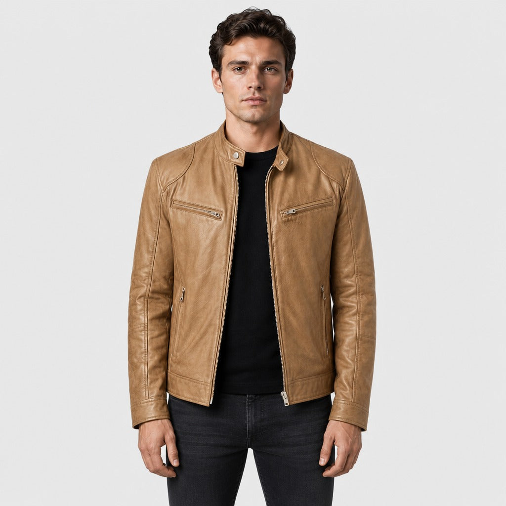 Men’s Loose Fit Leather and Suede Jacket Beige
