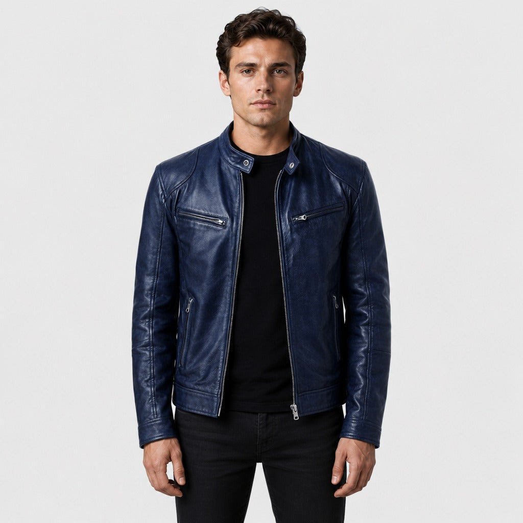 Men’s Loose Fit Leather and Suede Jacket Navy