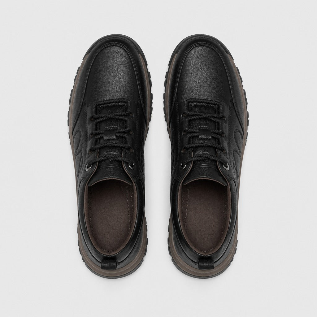 Men’s Low Heel Synthetic Leather Lace-Up Shoes Black top view