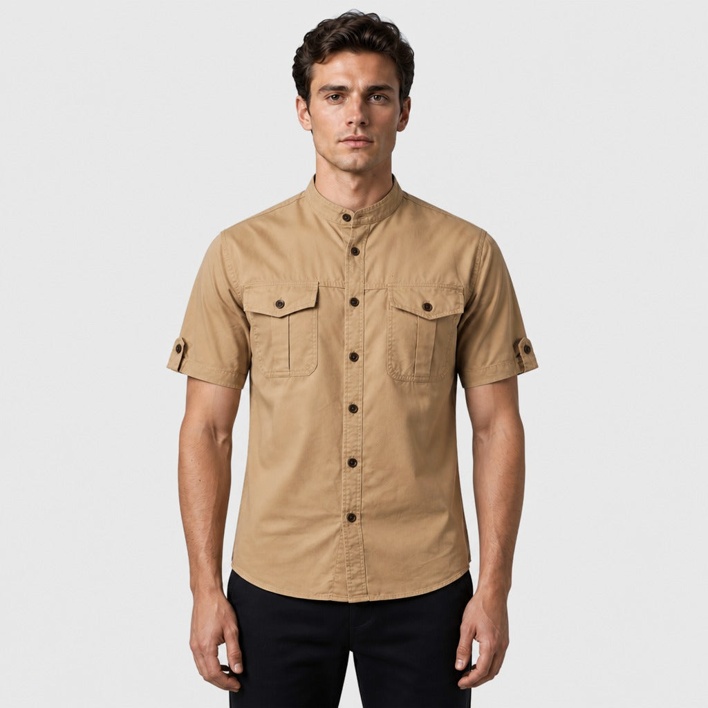 Men’s Mandarin Collar Cotton Shirt Khaki front