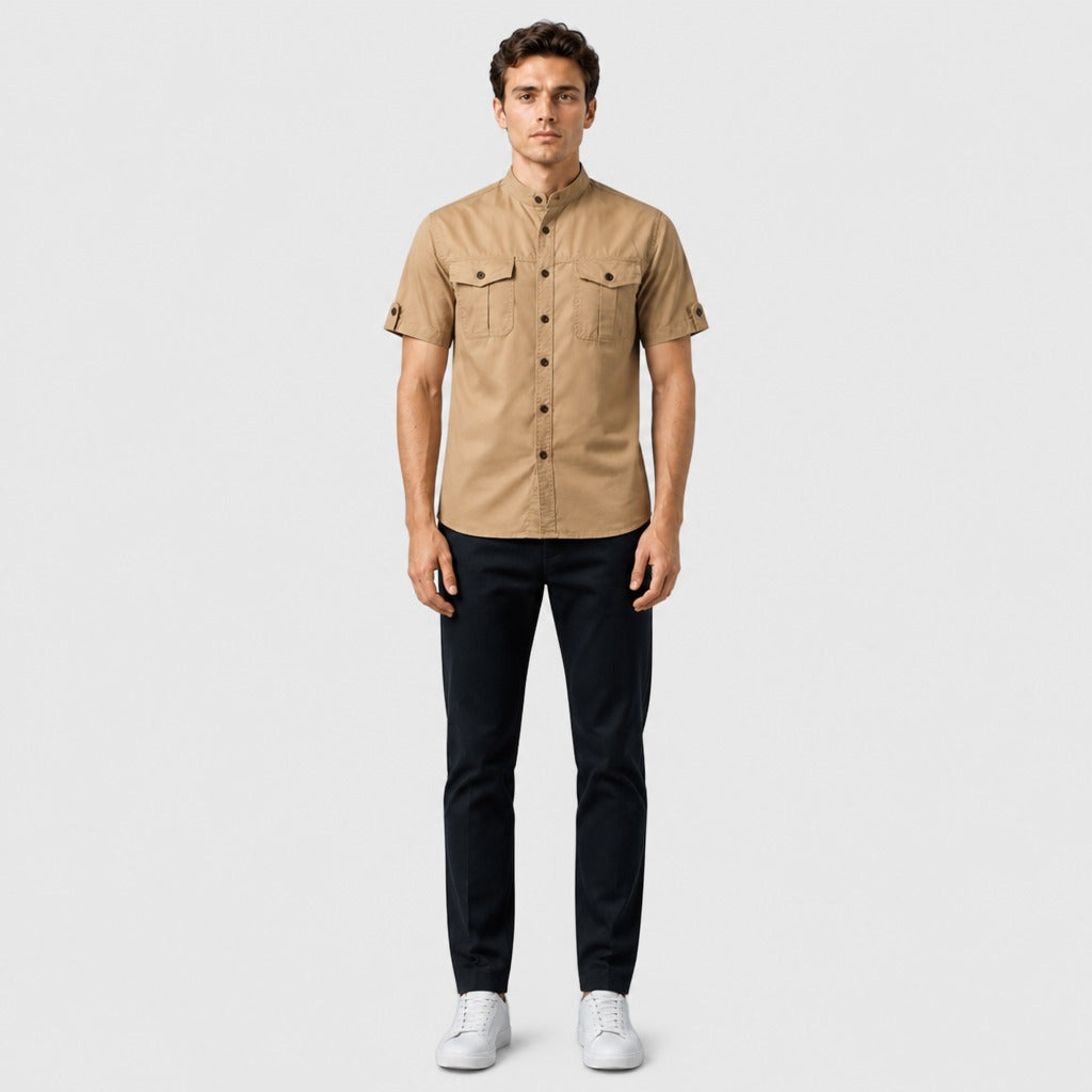 Men’s Mandarin Collar Cotton Shirt Khaki full length