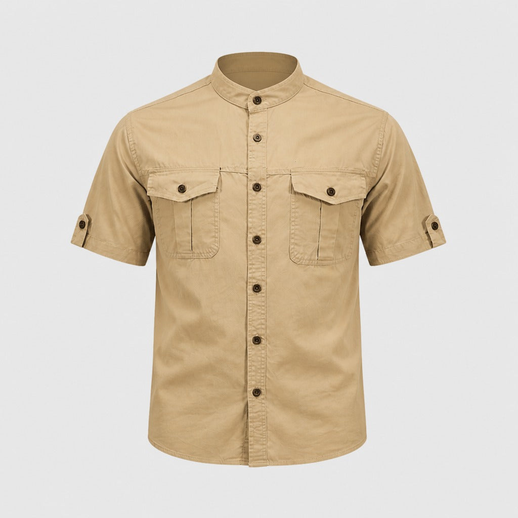 Men’s Mandarin Collar Cotton Shirt Khaki product front