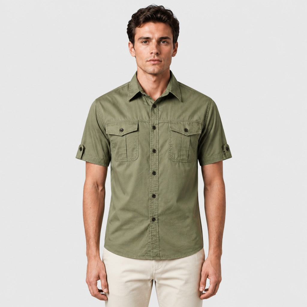 Men’s Mandarin Collar Cotton Shirt Army Green
