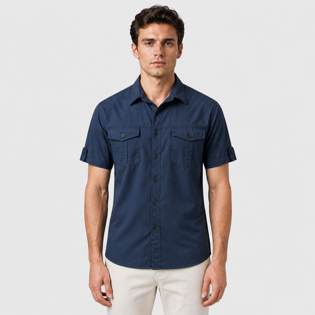 Men’s Mandarin Collar Cotton Shirt Dark Blue