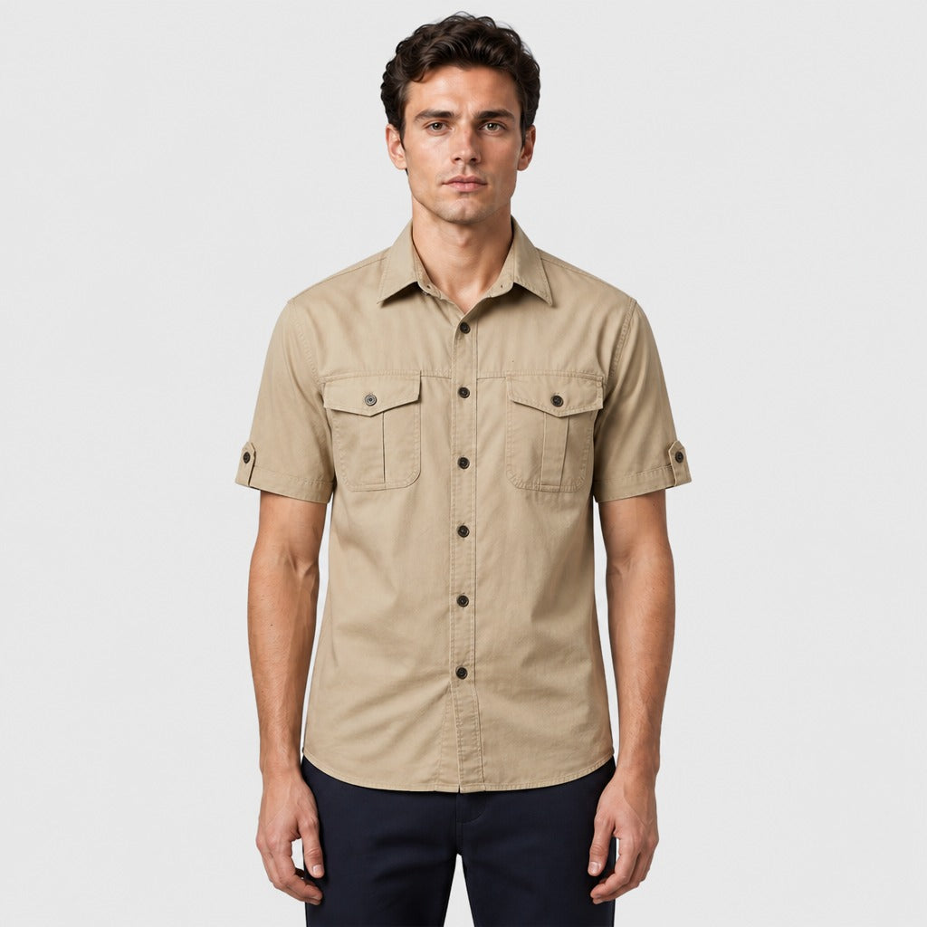 Men’s Mandarin Collar Cotton Shirt Beige