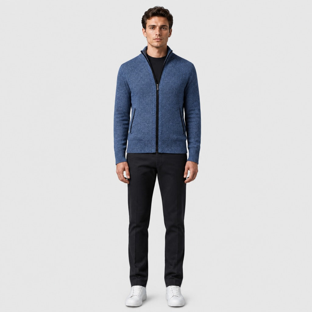 Men’s Mandarin Collar Zip-Up Jacket Blue full length