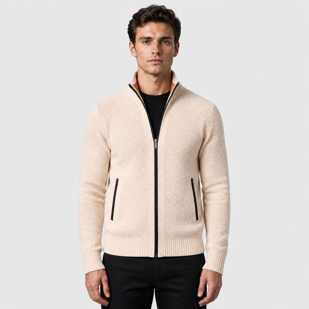 Men’s Mandarin Collar Zip-Up Jacket Cream