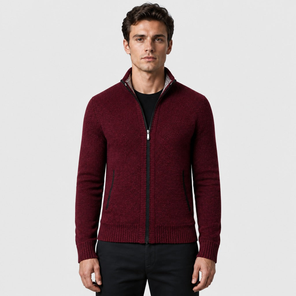 Men’s Mandarin Collar Zip-Up Jacket Burgundy
