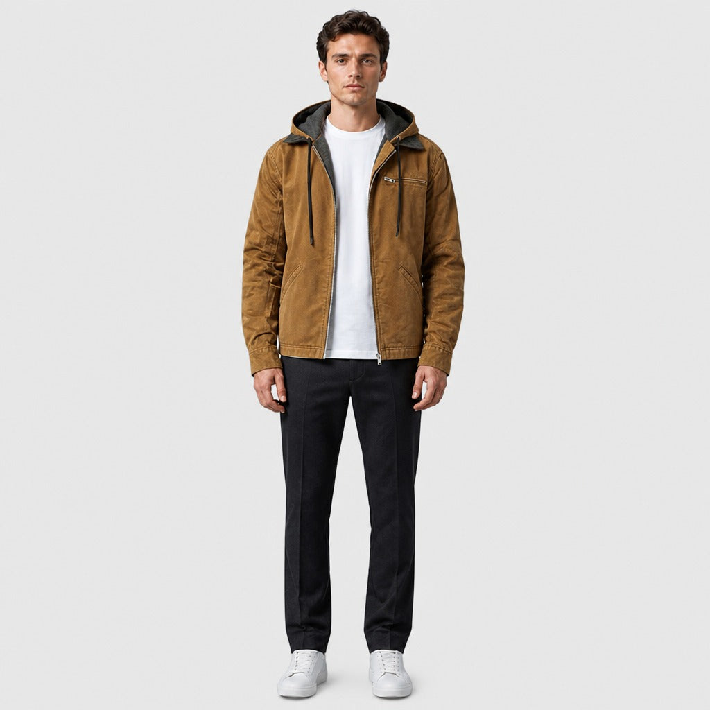 Men’s Oversized Hooded Funnel Neck Jacket Brown full length