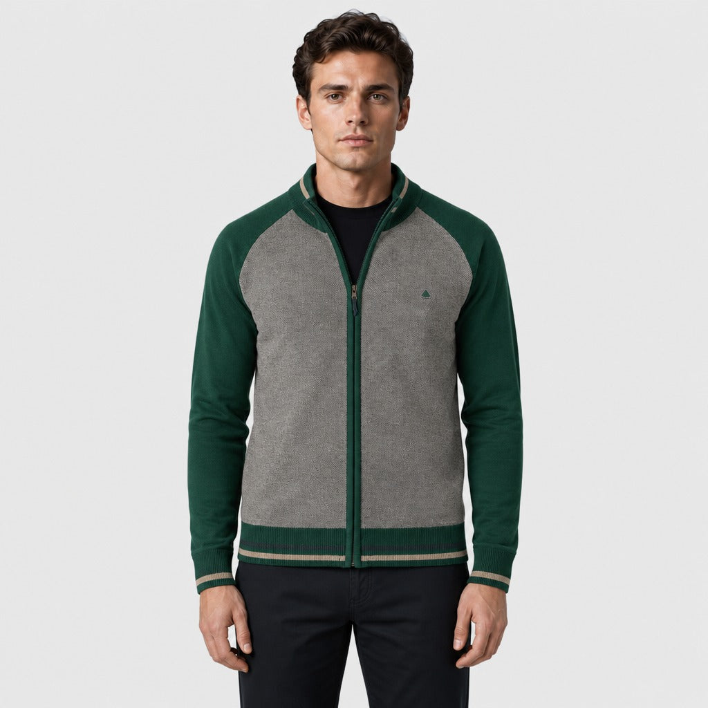 Men’s Patchwork Square Collar Zip Cardigan Green front