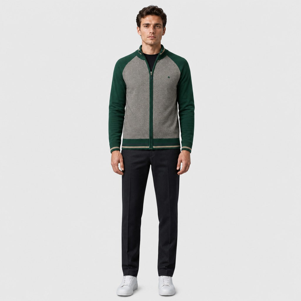 Men’s Patchwork Square Collar Zip Cardigan Green full length