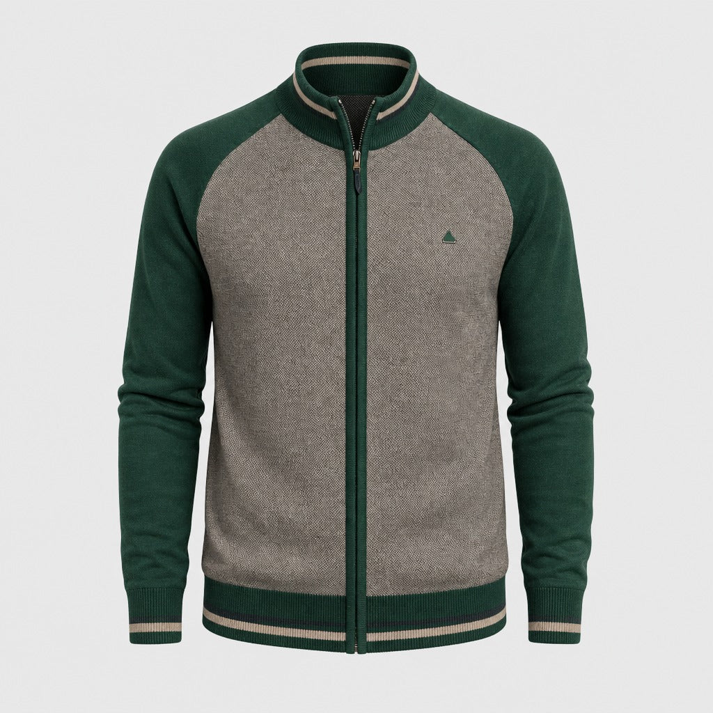 Men’s Patchwork Square Collar Zip Cardigan Green product front