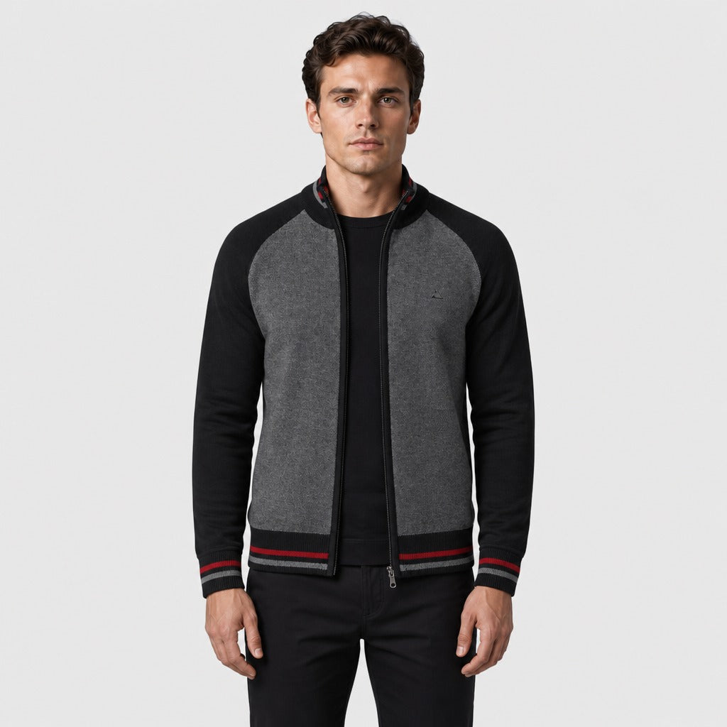 Men’s Patchwork Square Collar Zip Cardigan Black