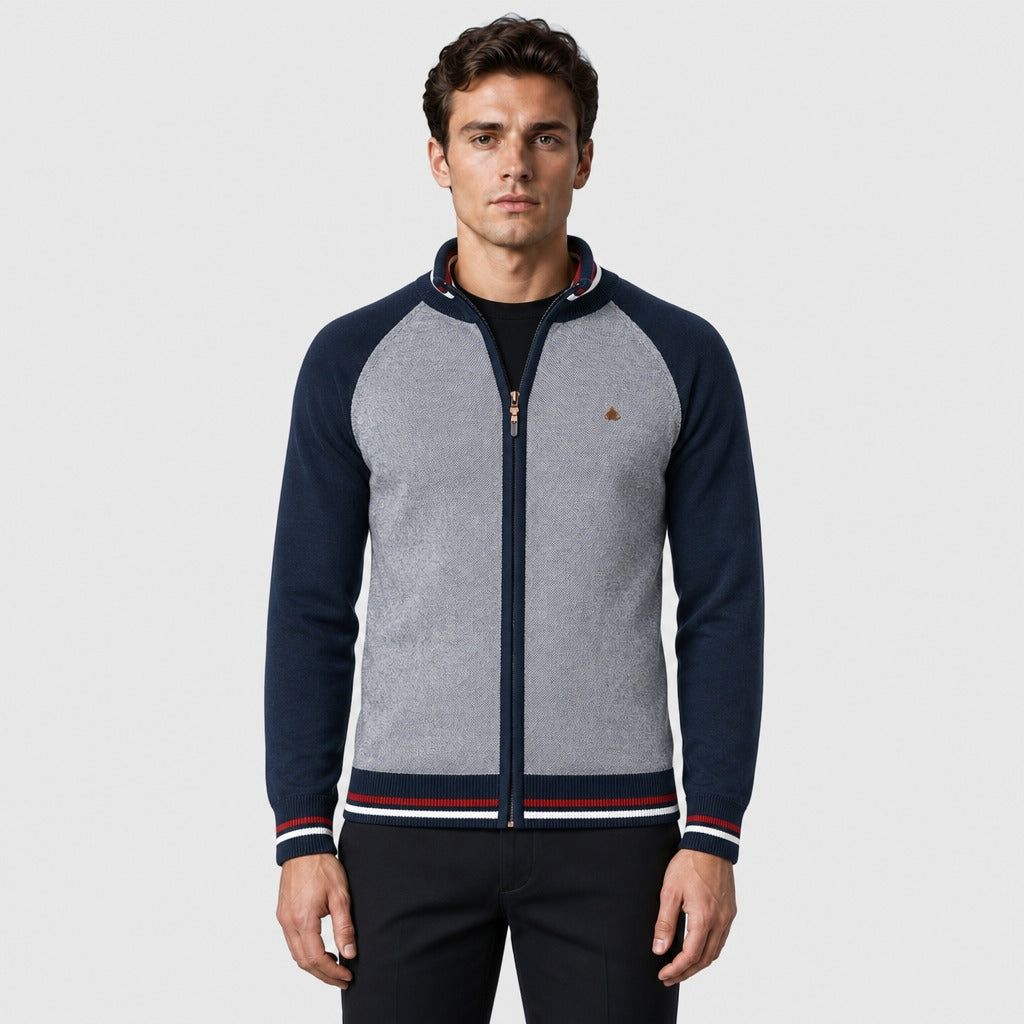 Men’s Patchwork Square Collar Zip Cardigan Blue