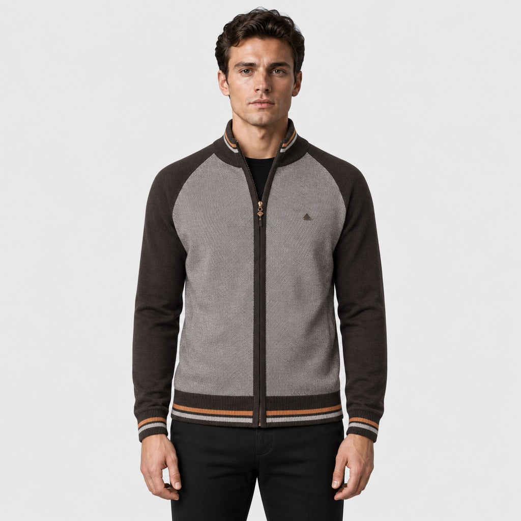 Men’s Patchwork Square Collar Zip Cardigan Brown