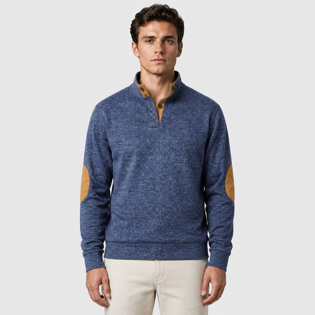 Men’s Patchwork Sweatshirt with Button Collar Navy Blue front