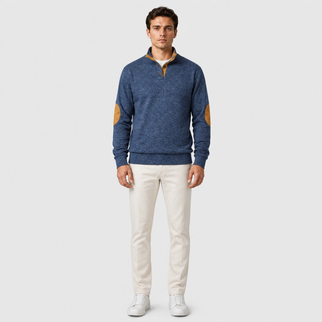 Men’s Patchwork Sweatshirt with Button Collar Navy Blue full length
