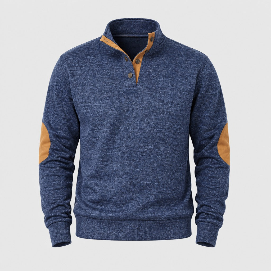 Men’s Patchwork Sweatshirt with Button Collar Navy Blue product front