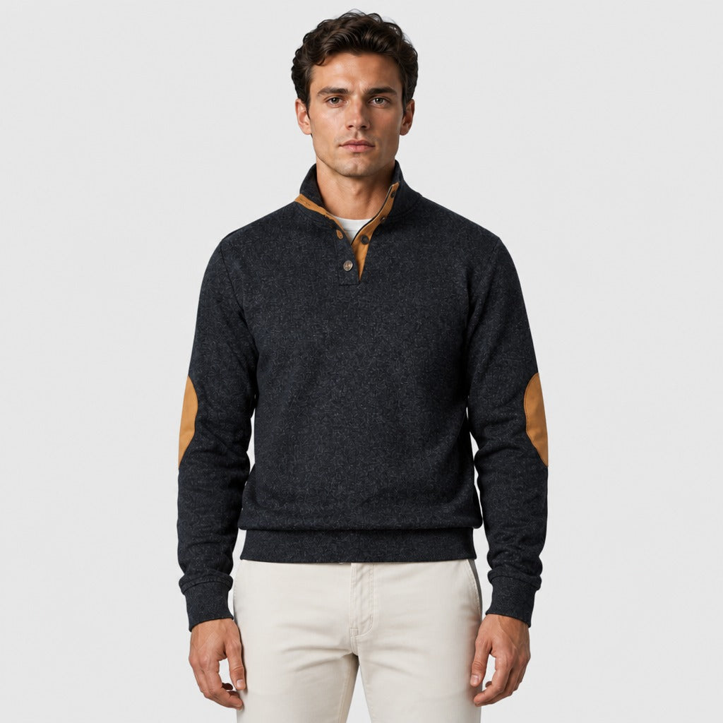 Men’s Patchwork Sweatshirt with Button Collar Black