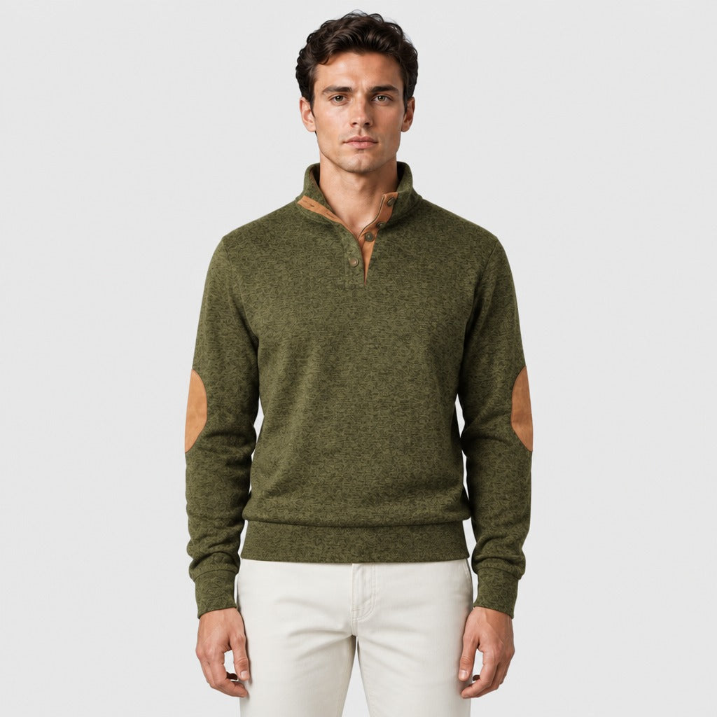 Men’s Patchwork Sweatshirt with Button Collar Military Green
