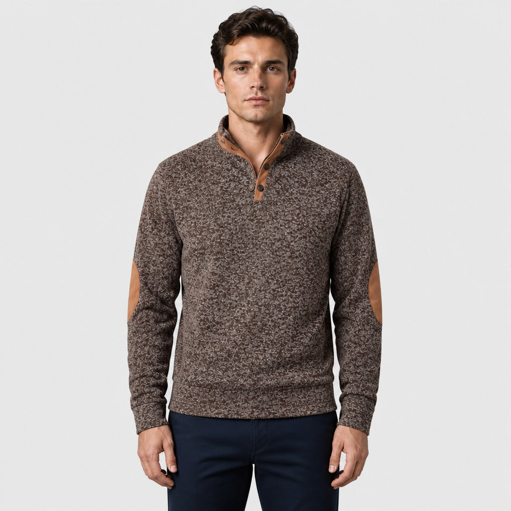 Men’s Patchwork Sweatshirt with Button Collar Coffee Brown